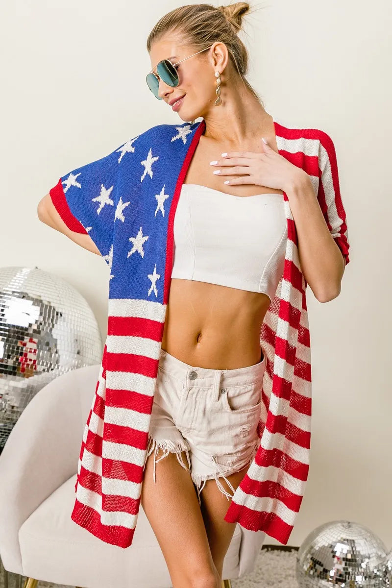 BiBi American Flag Low Gauge Knit Cardigan - Fashorio