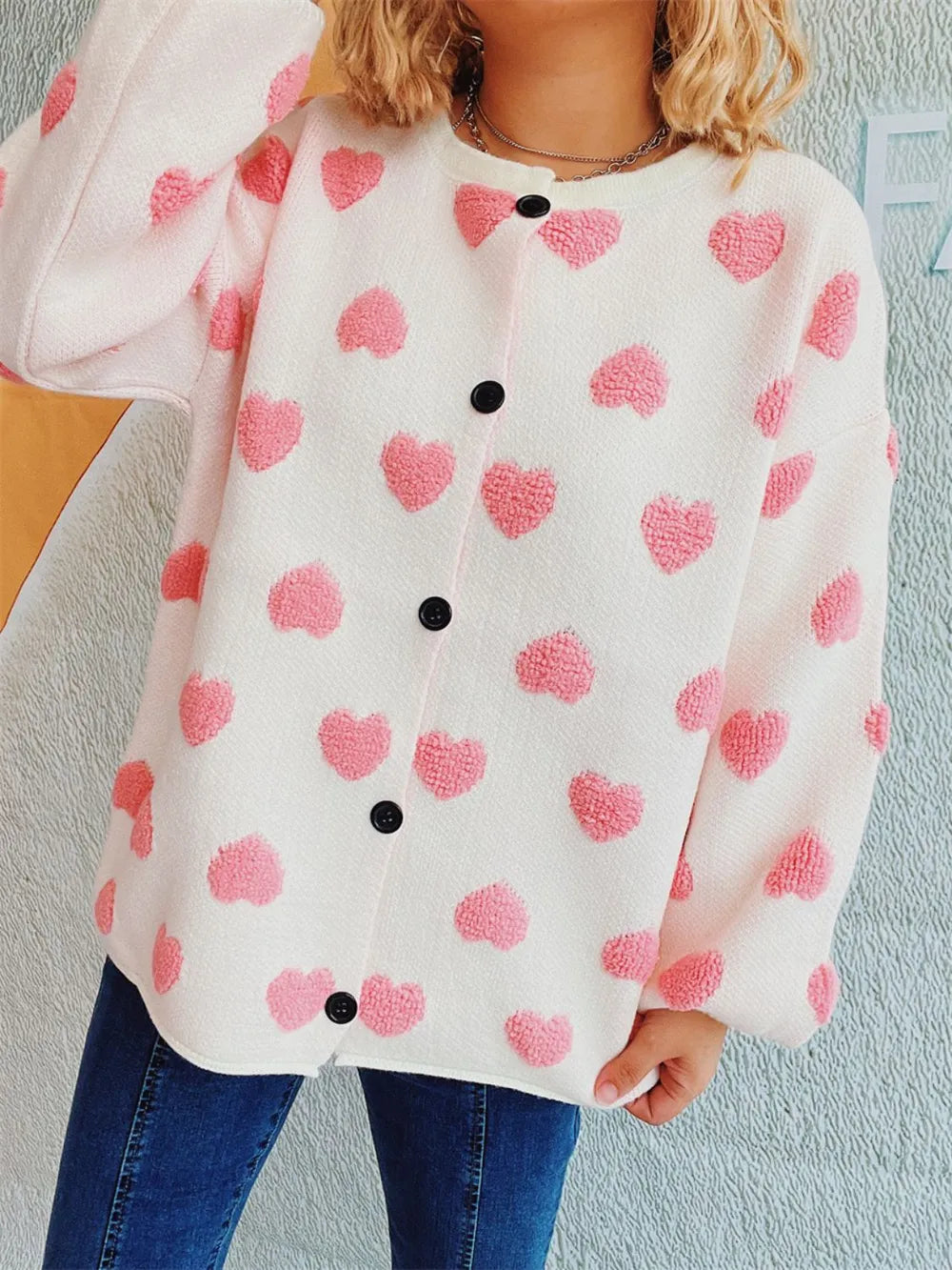 Heart Button Up Long Sleeve Cardigan - Fashorio