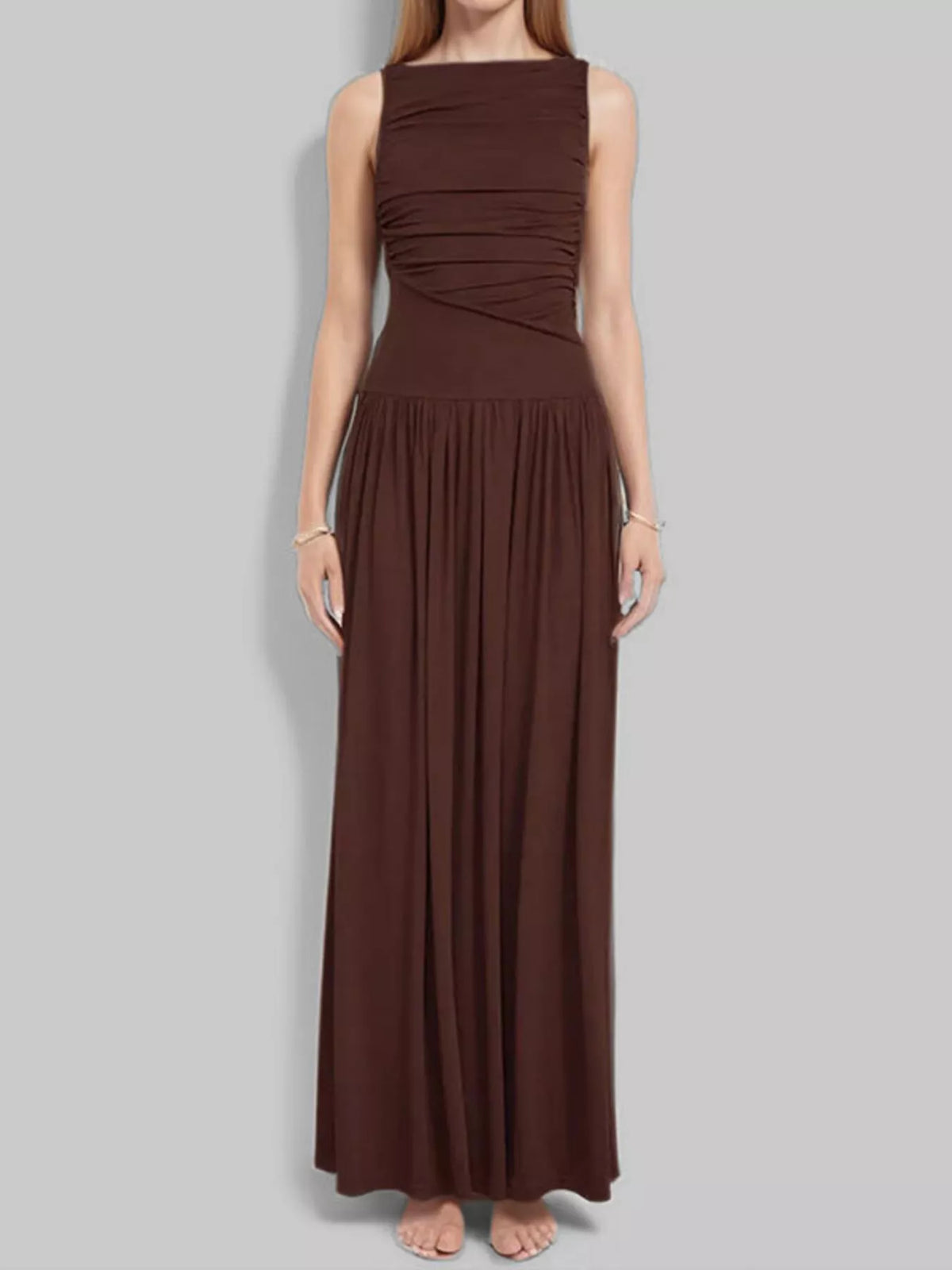 ruched sleeveless maxi dress styled outfit view