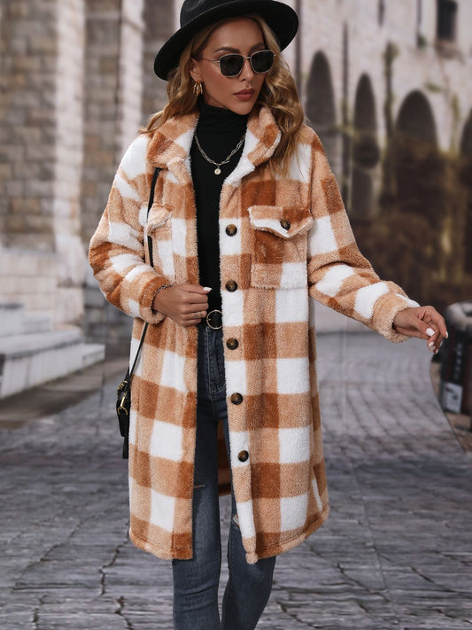 Plaid Collared Neck Button Down Coat Chestnut - Fashorio