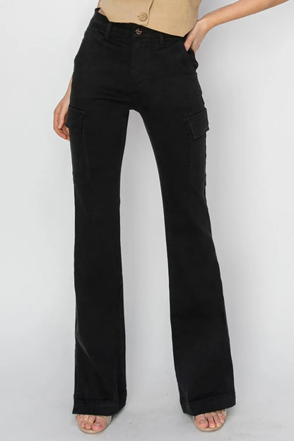 RISEN Full Size High Rise Side Slit Cargo Bootcut Jeans - Fashorio