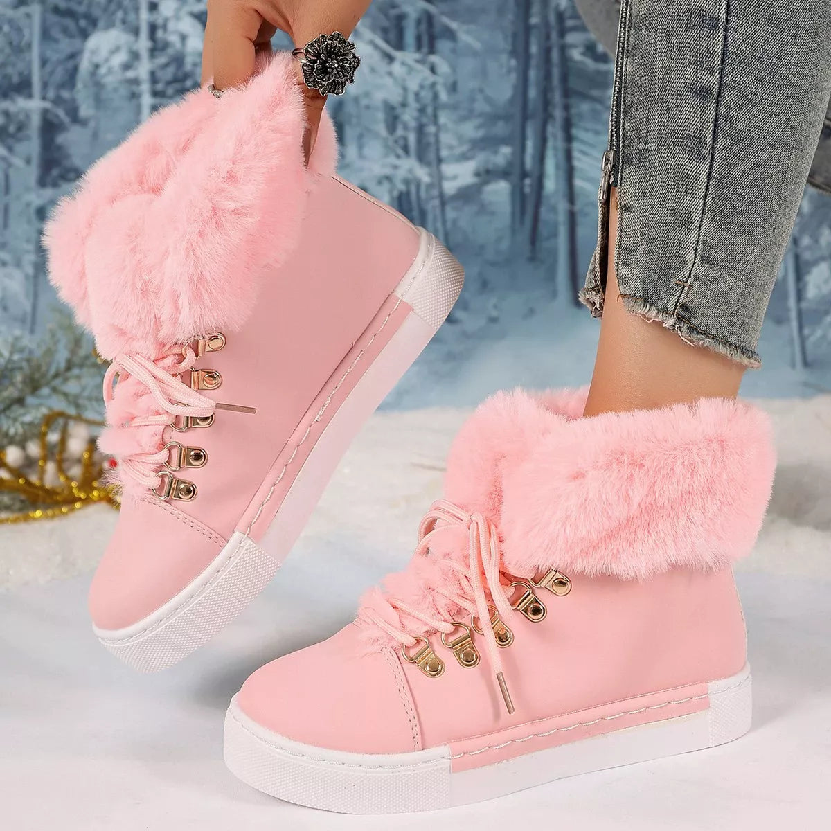 Fuzzy Trim Lace Up Ankle Boots side profile
