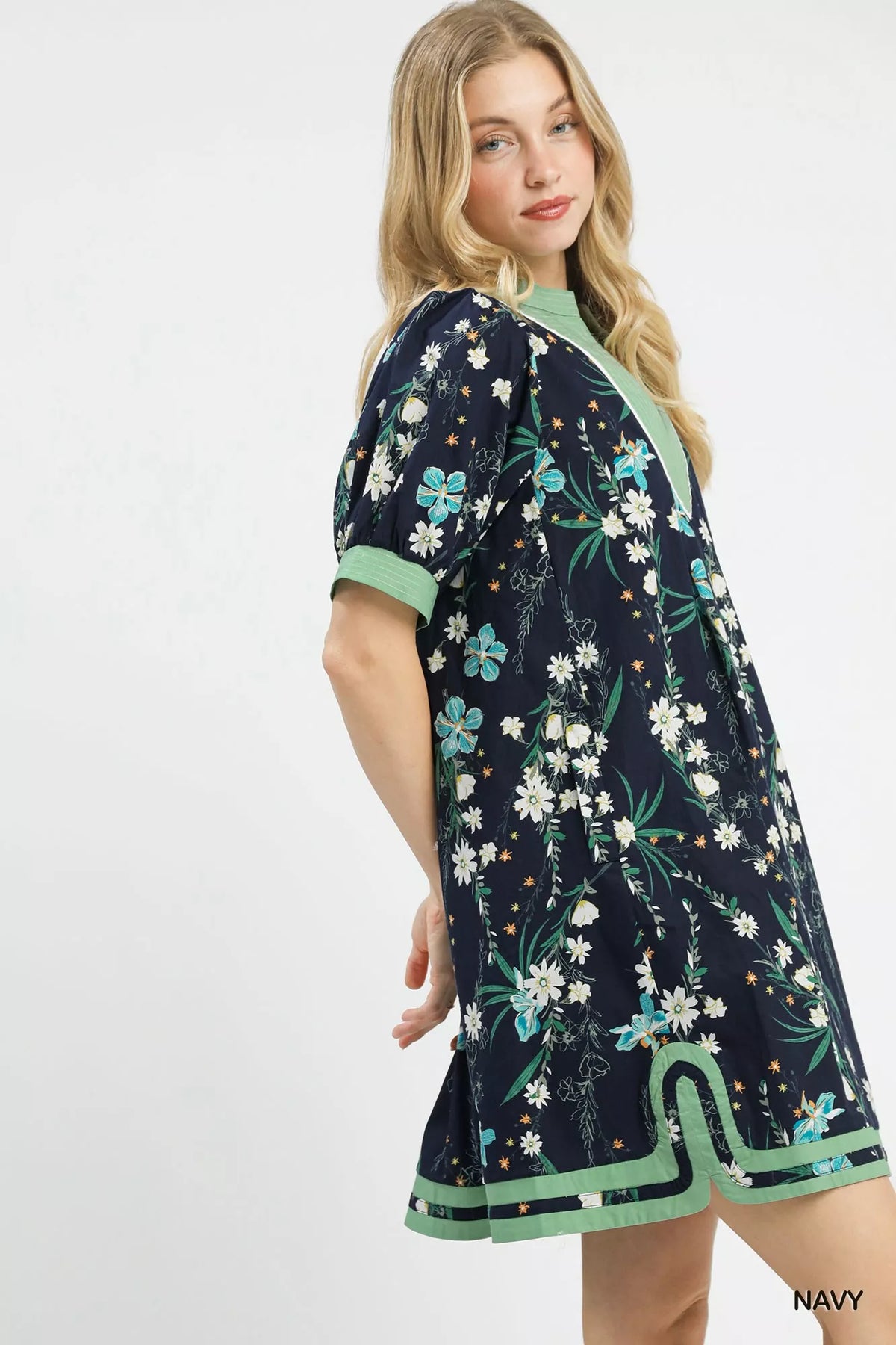 Navy floral puff sleeve contrast trim dress back view