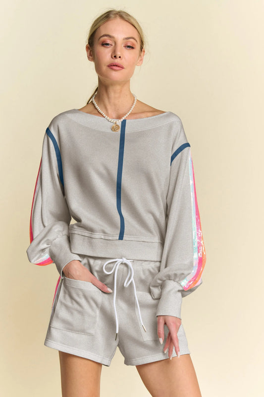 Davi & Dani Sequin Stripe Long Sleeve Top And Short Pants Set - Fashorio