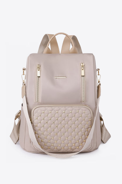 Zipper Pocket Beaded Backpack Beige One Size - Fashorio