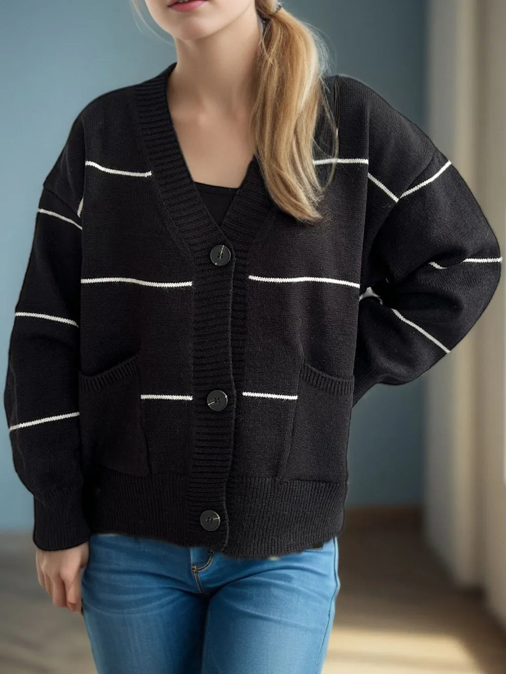 Striped Button Down V-Neck Long Sleeve Cardigan - Fashorio