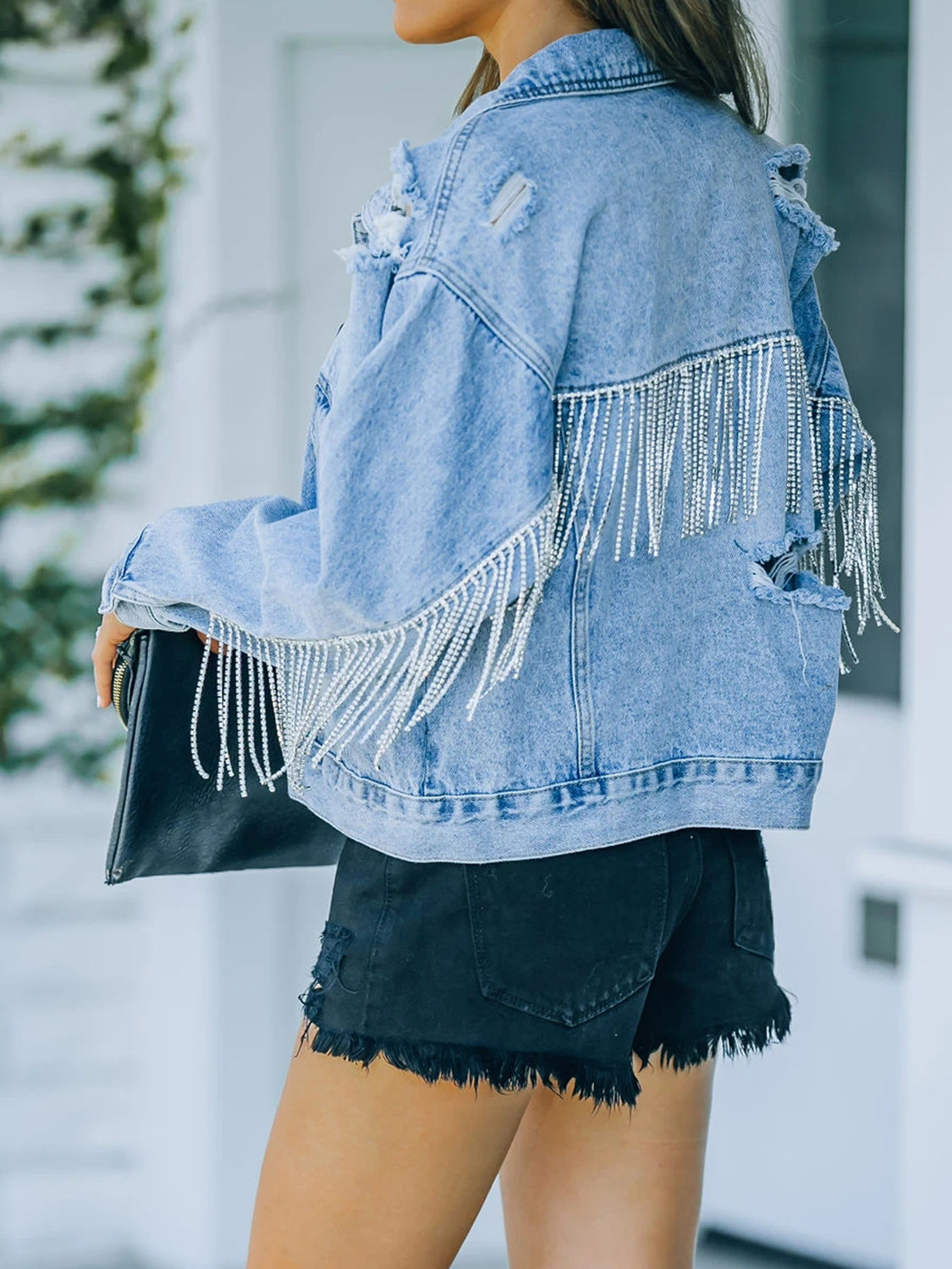 Distressed Fringe Denim Jacket - Fashorio