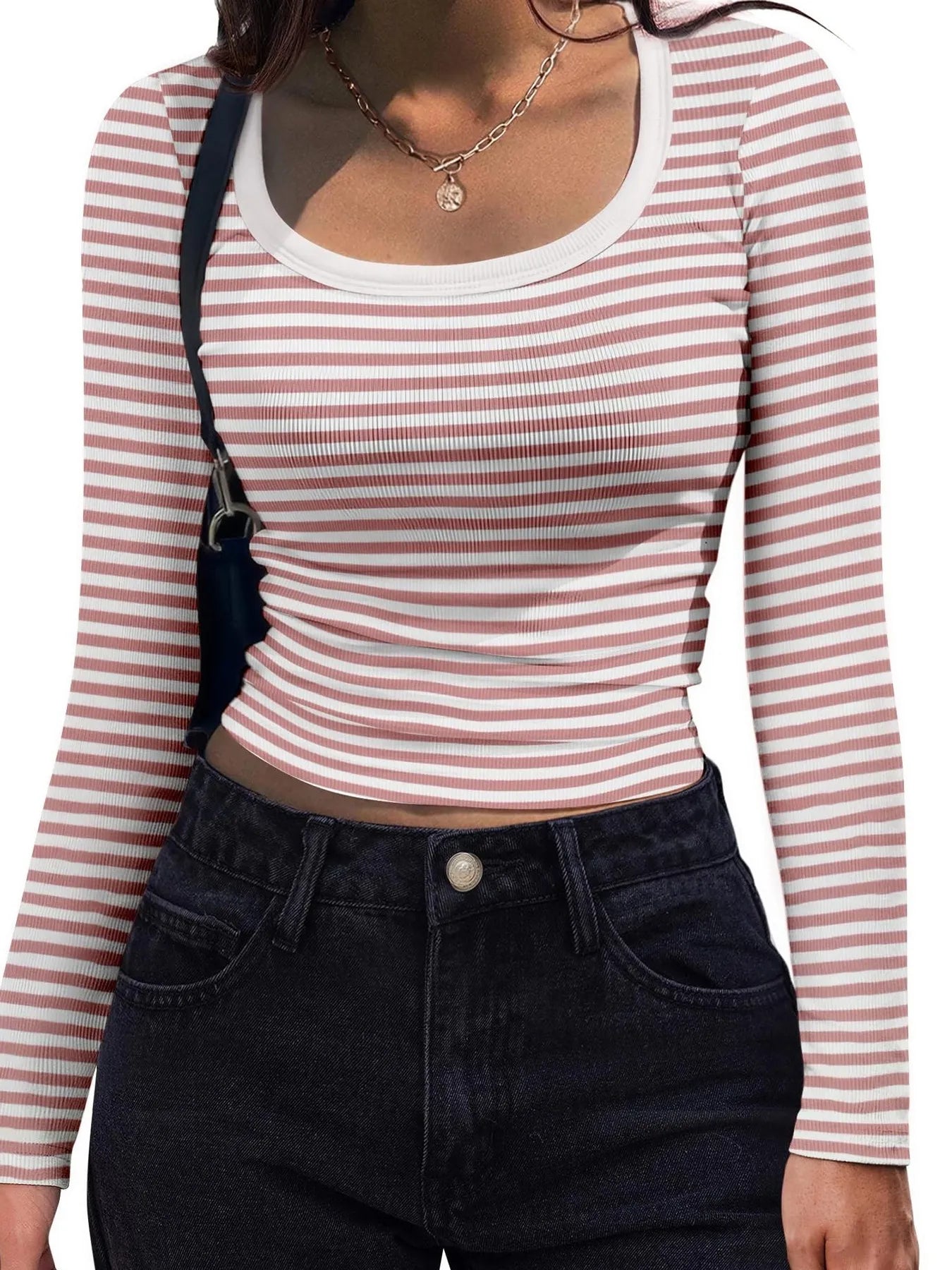 Striped Long Sleeve Scoop Neck T-Shirt - Fashorio