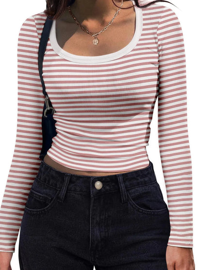 Striped Long Sleeve Scoop Neck T-Shirt - Fashorio