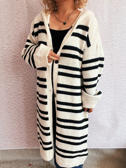 Striped Open Front Hooded Cardigan - Fashorio