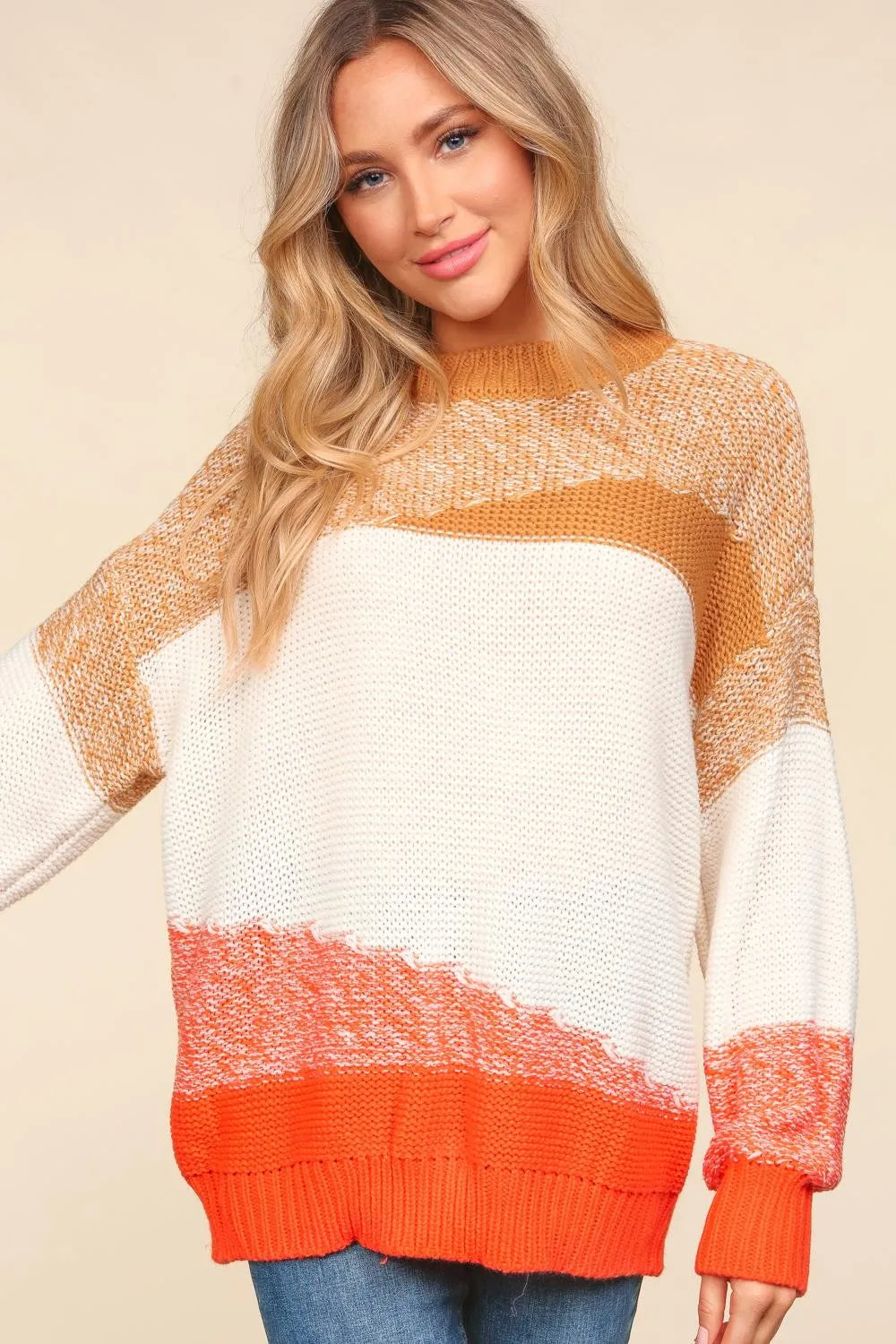 Color Block Long Sleeve Sweater in Camel and Orange styled look