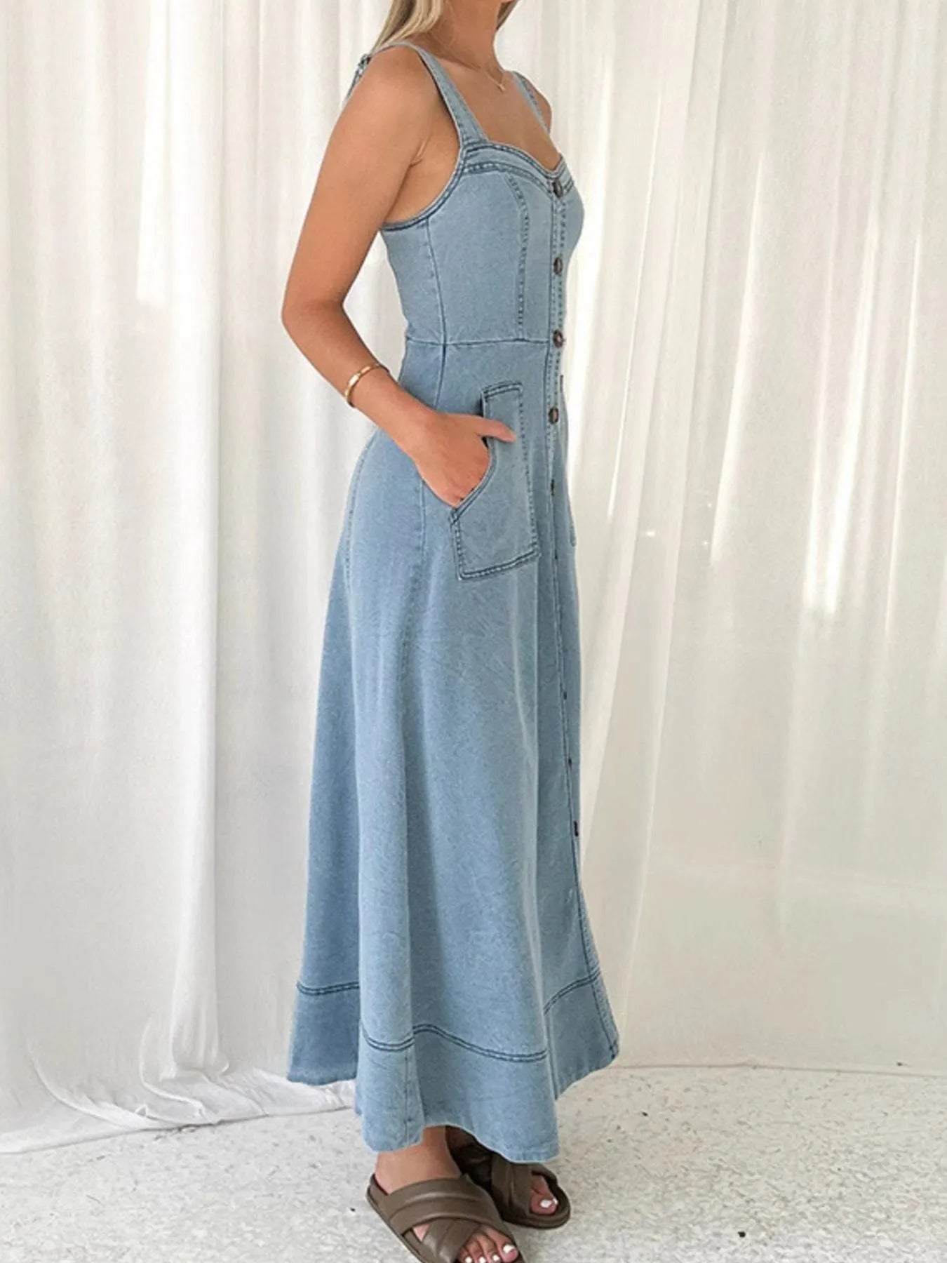 Wide Strap Sweetheart Neck Denim Dress - Fashorio