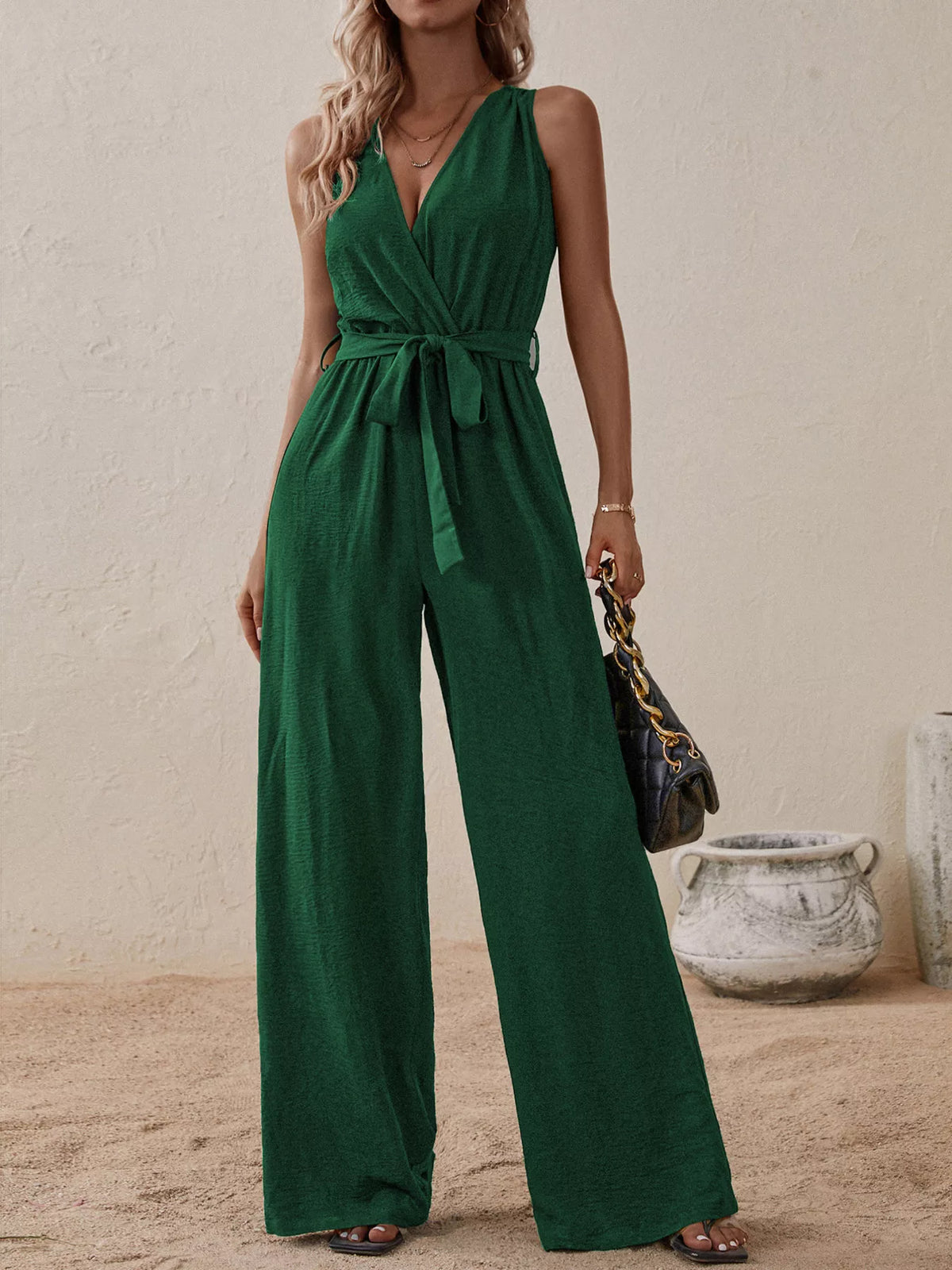 Sleeveless tie waist wide leg jumpsuit front view