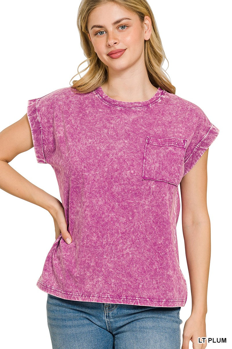 Zenana crinkle washed round neck tee in light plum, front view