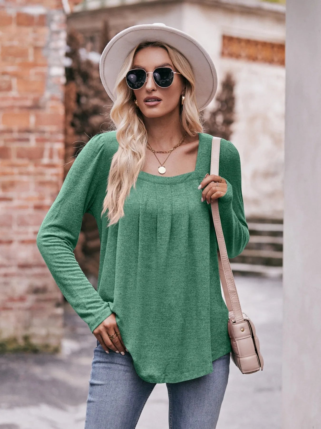 Square Neck Long Sleeve T-Shirt Green - Fashorio