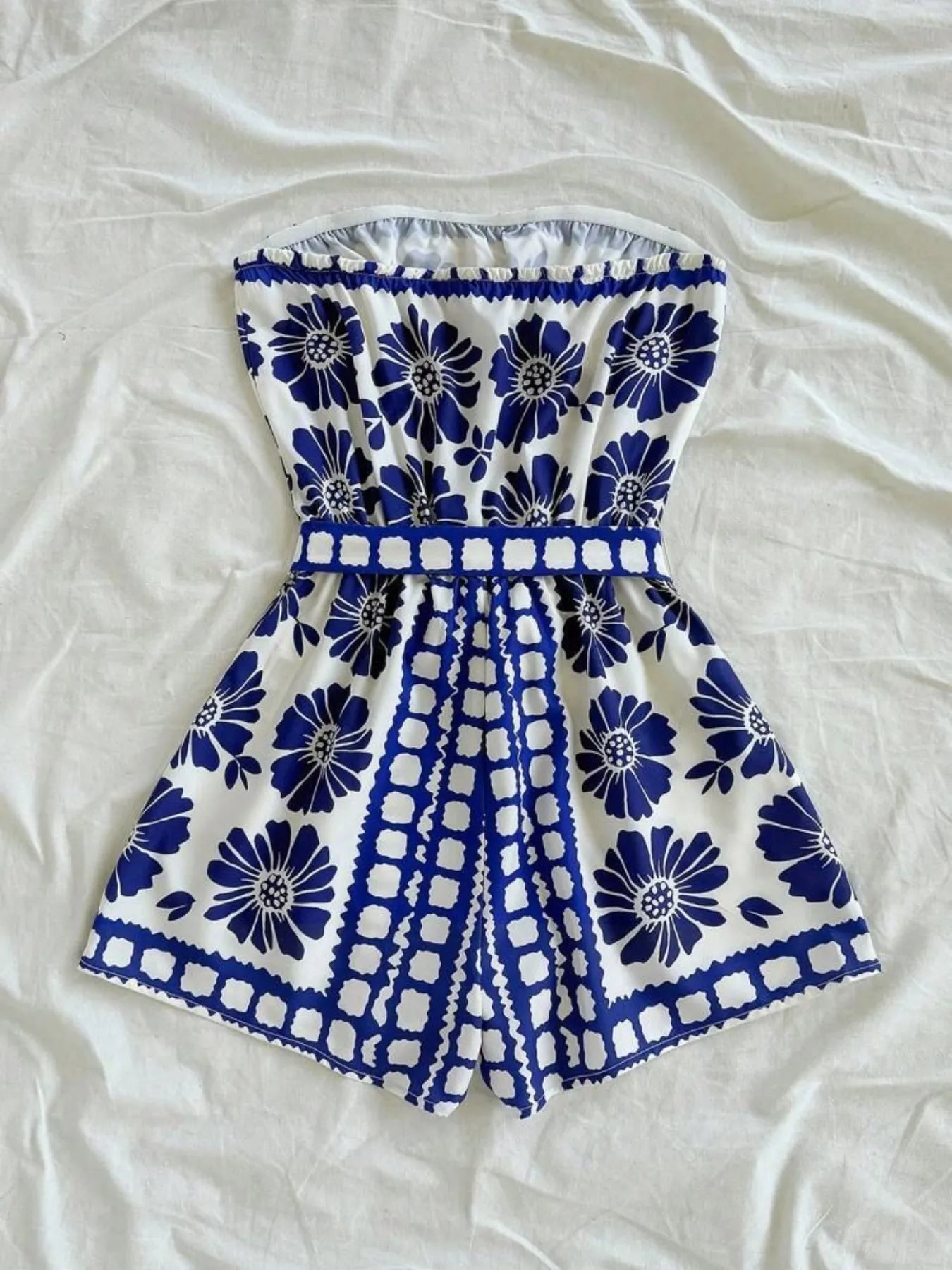 Printed Tube Tie Waist Romper - Fashorio