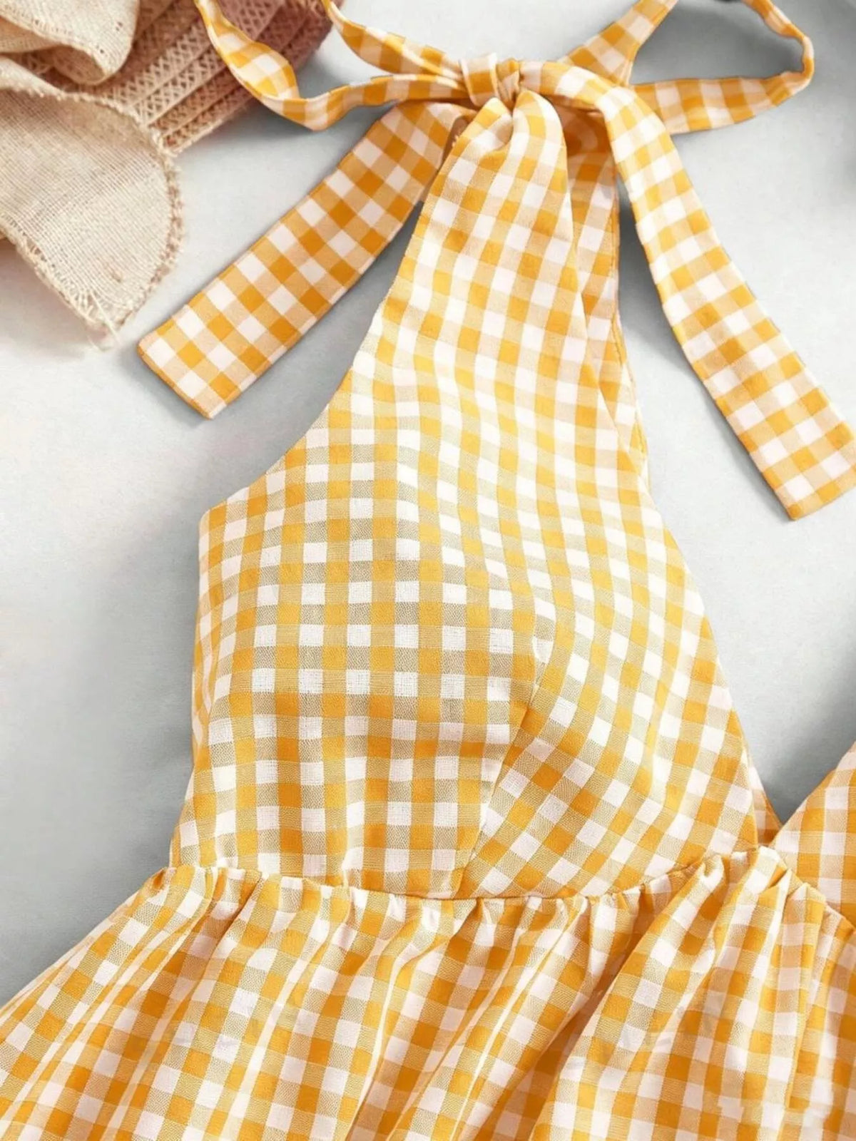 Yellow gingham tie shoulder mini dress styling view