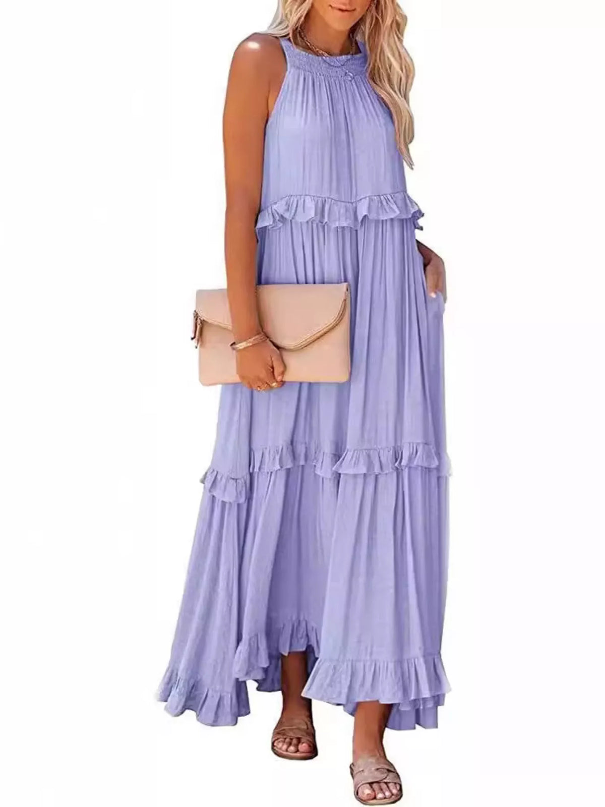 Ruffled tiered sleeveless maxi dress full length view