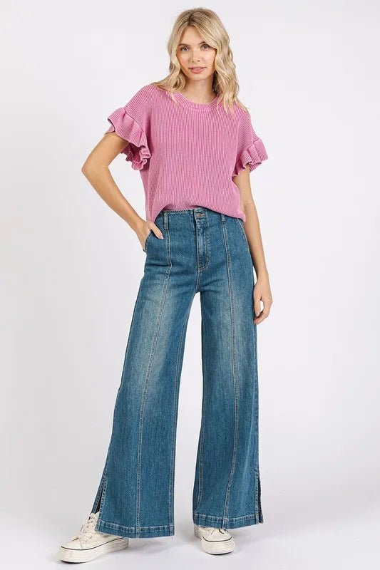 Mittoshop Medium Wash Seam Detail Wide Leg Denim Jeans - Fashorio