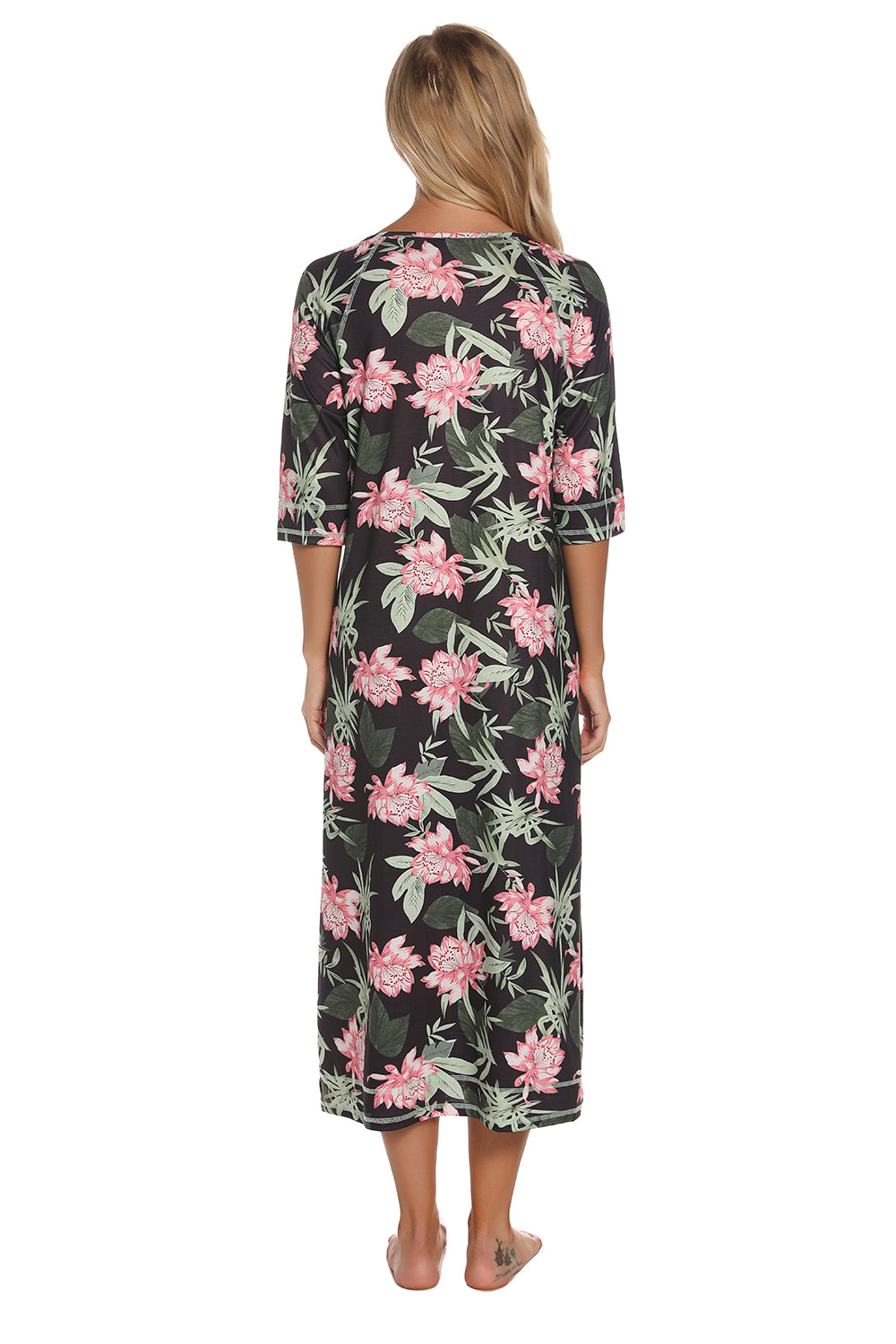 Printed Slit Night Dress with Pockets - Fashorio