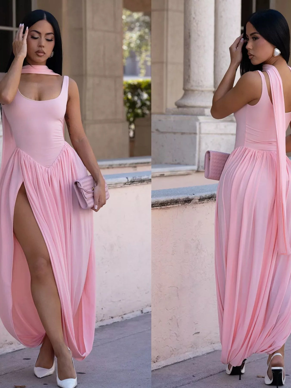 scoop neck slit maxi dress back view
