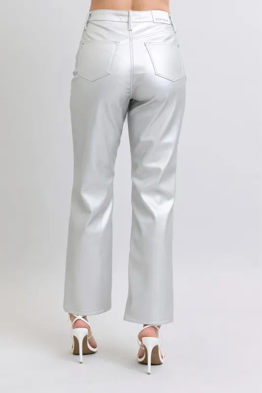 Judy Blue Full Size High Waist Silver Faux Leather Pants Plus Size - Fashorio