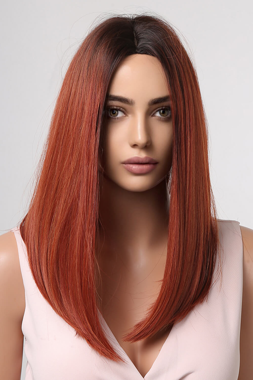 Mid length straight wig side view