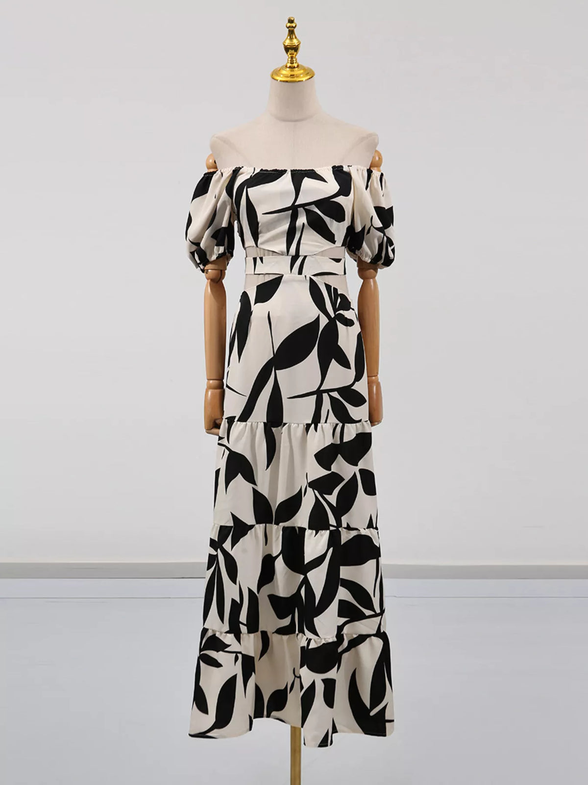 Off shoulder leaf print smocked maxi dress, back view