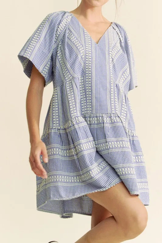 Embroidered Gingham Ruffle Mini Dress in Navy side view