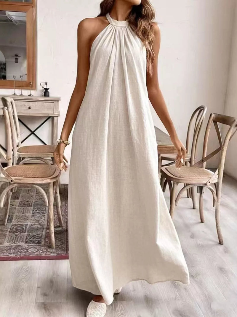 Halter neck ruched maxi dress front view