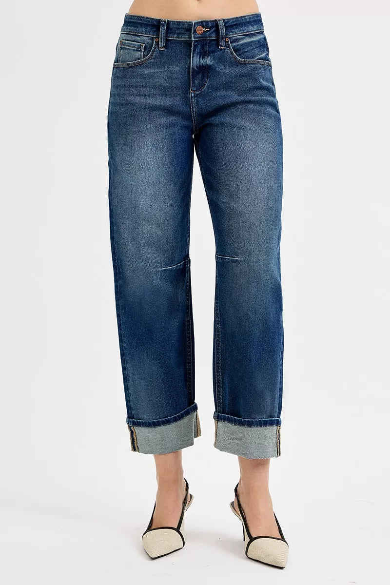 RISEN crop barrel denim cuffed hem detail