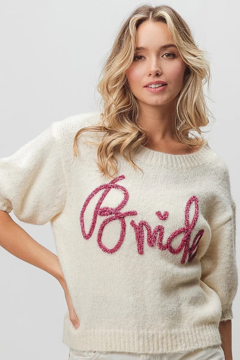 Metallic Letter Fuzzy Puff Sleeve Top in Ivory view 12