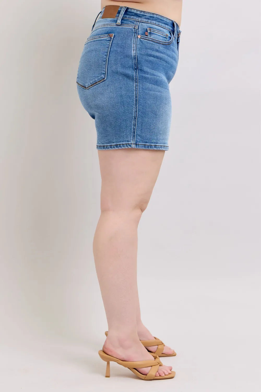 Side view of the womens denim shorts