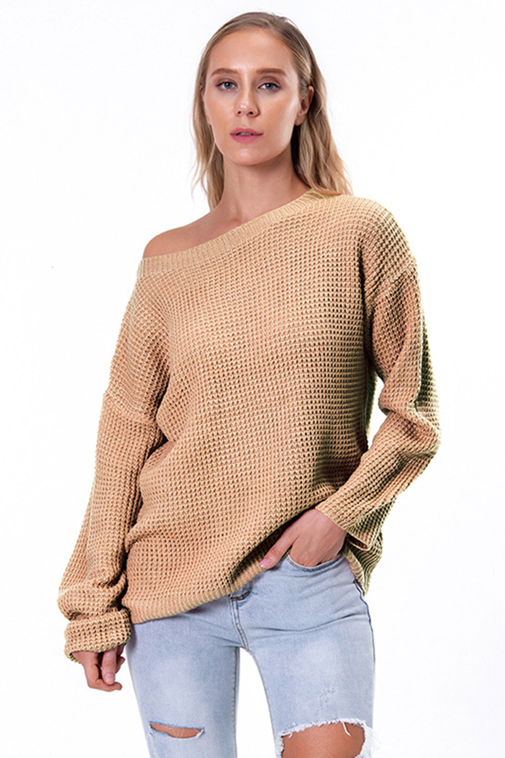 Boat Neck Drop Shoulder Long Sleeve Sweater Tan - Fashorio