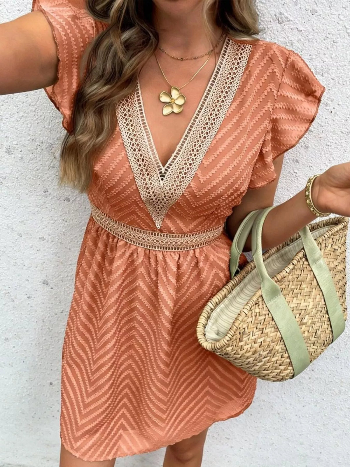 V neck ruffle sleeve mini dress, back detail