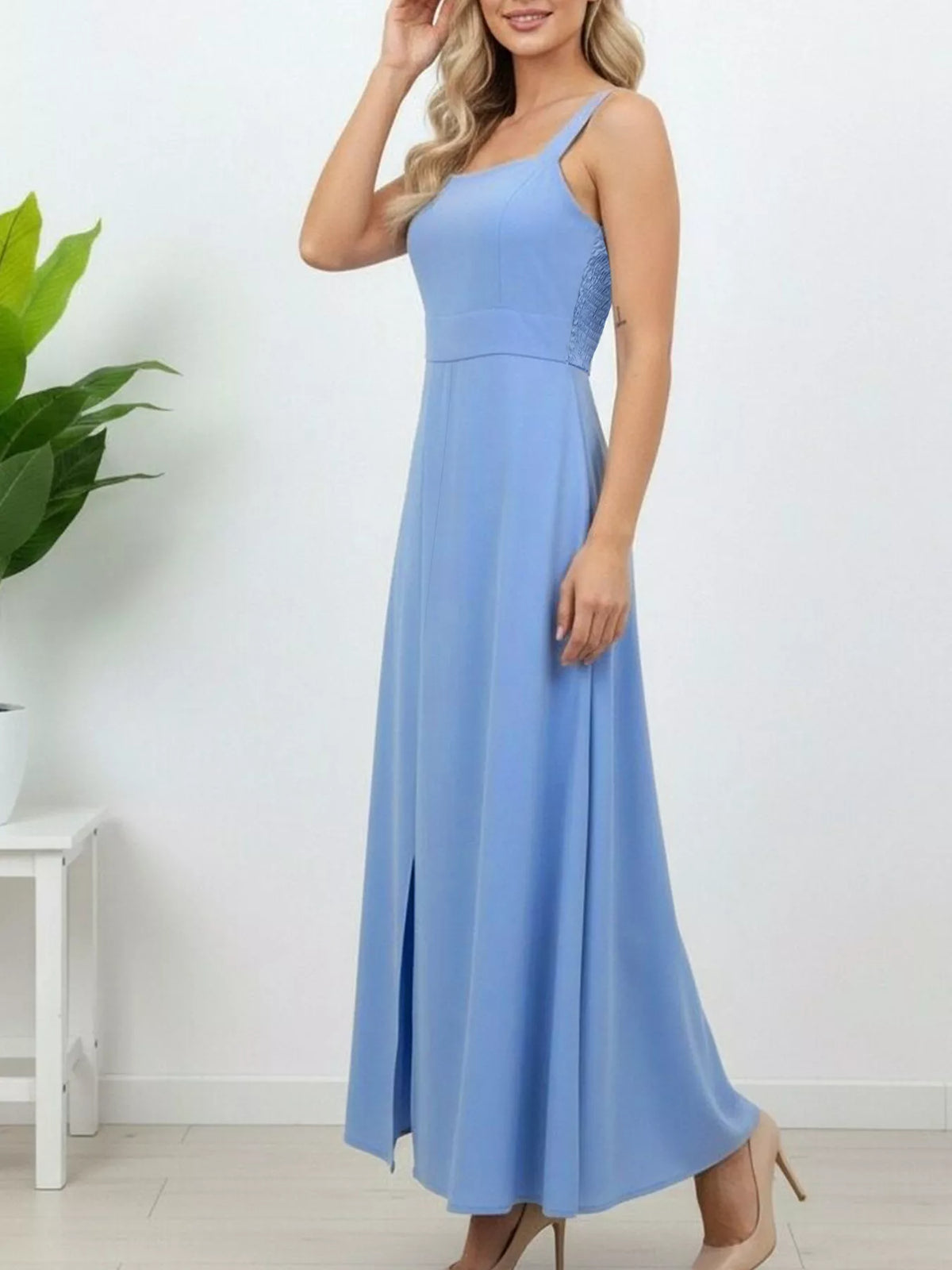 Blue smocked wide strap maxi dress with slit back view