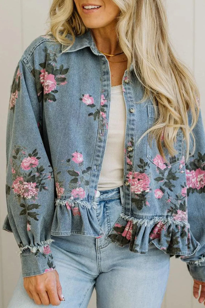 Floral print light blue denim jacket with ruffle hem, front view