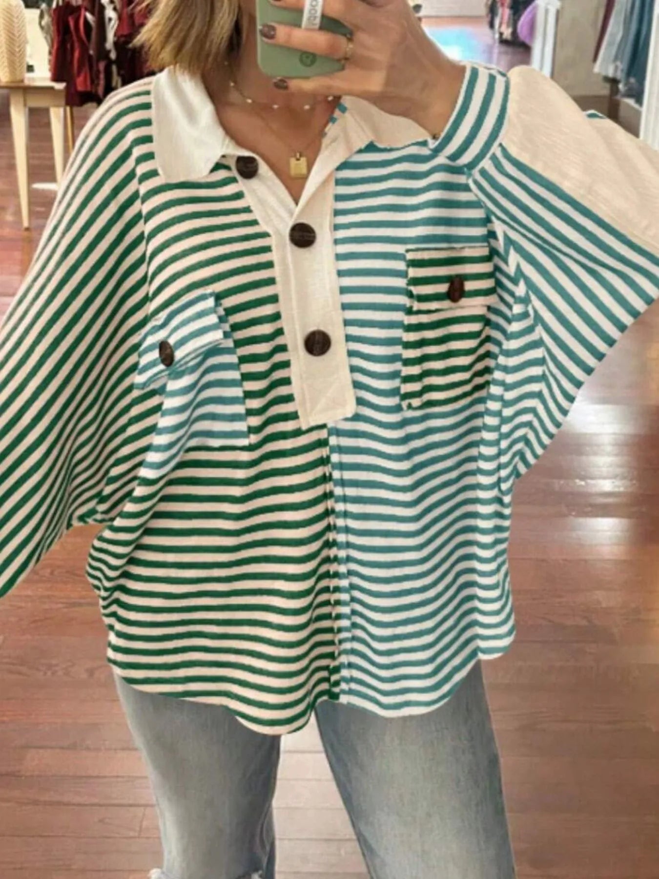 Striped Button Front Casual Top Double Spell Green - Fashorio