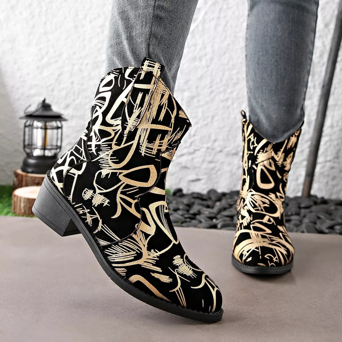 Black suede block heel boots side profile