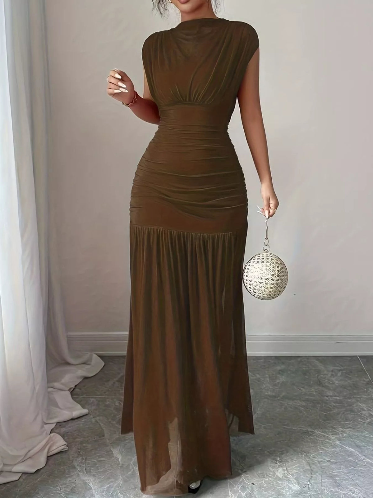 ruched bodycon maxi dress side view