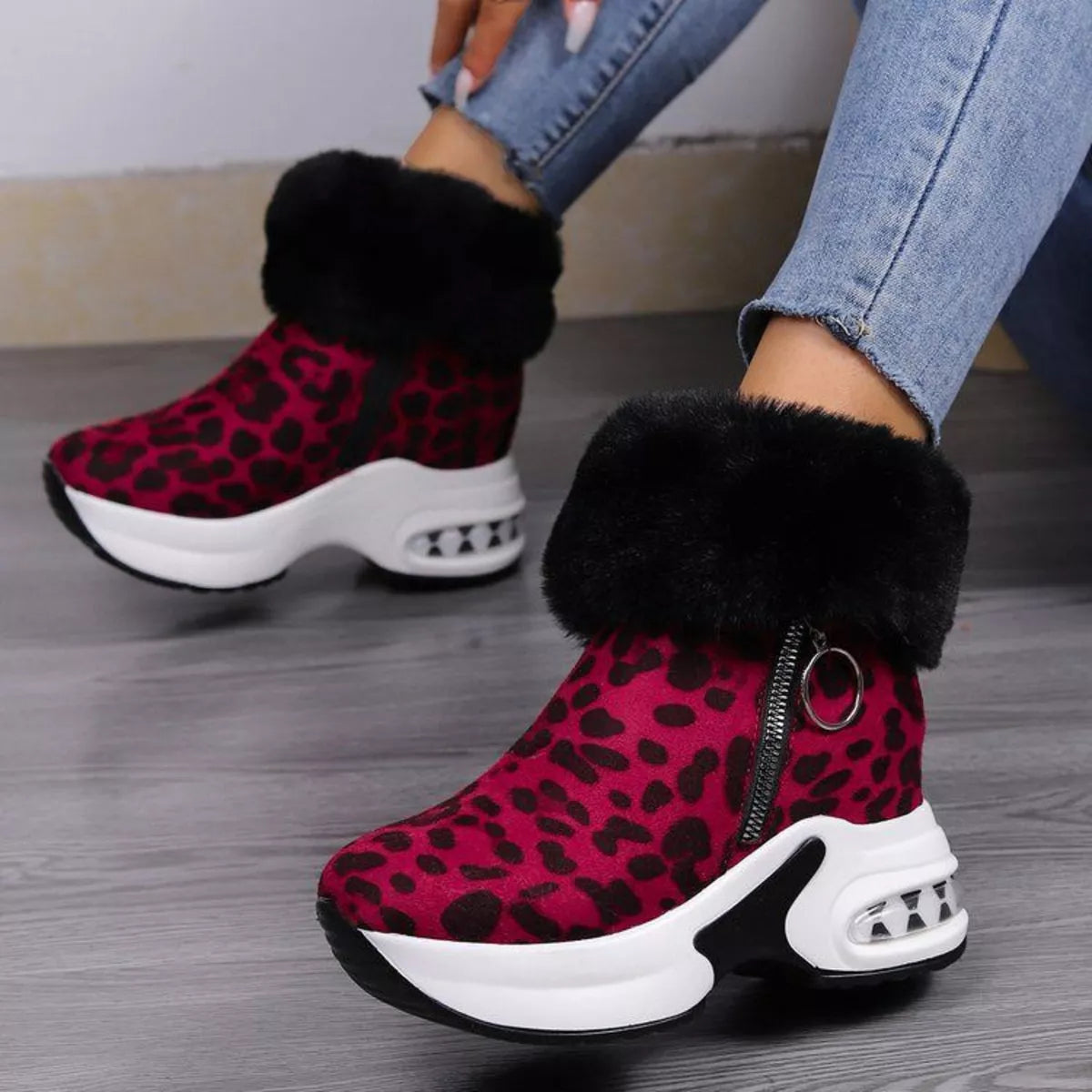 Fuzzy platform ankle boots strap detail