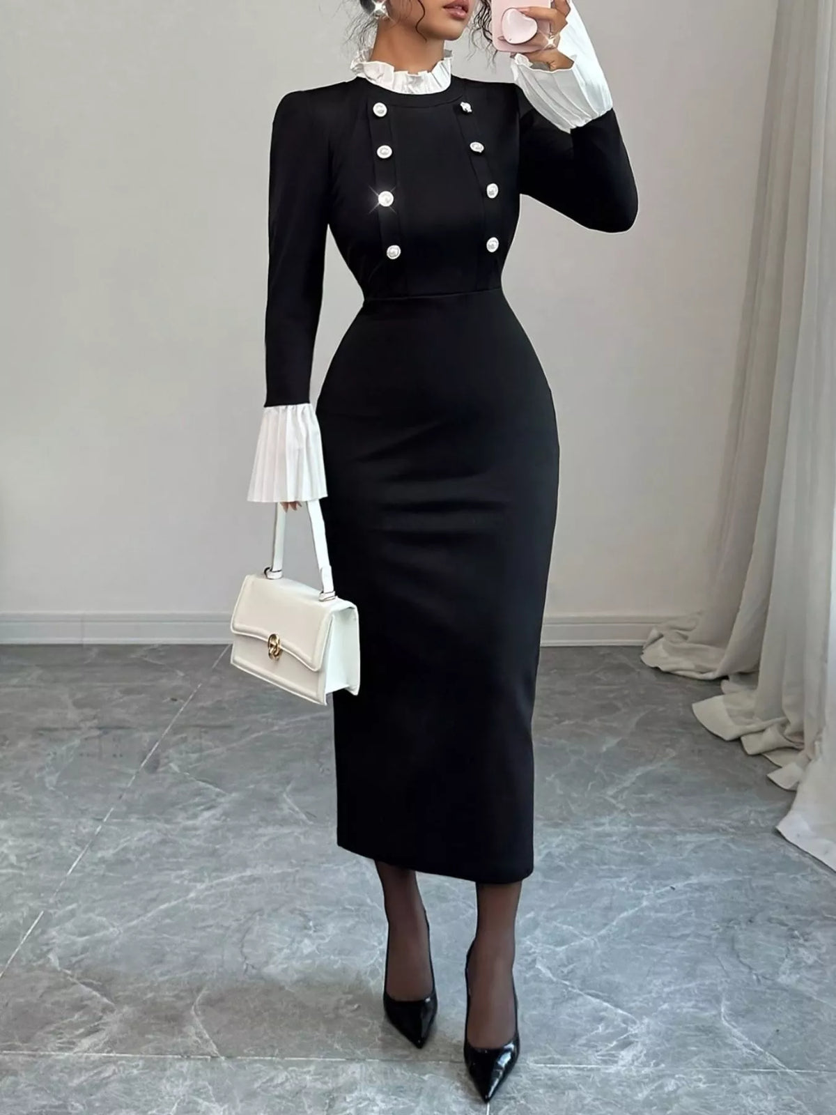 Black two tone midi dress button detail