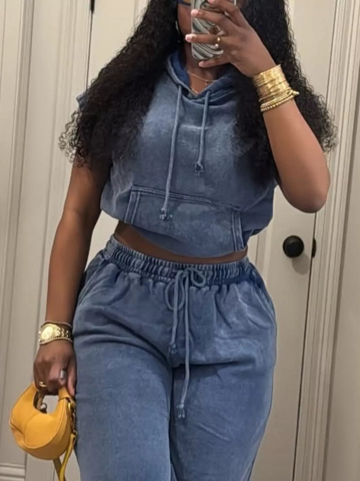 Hooded crop top and shorts set styled outfit