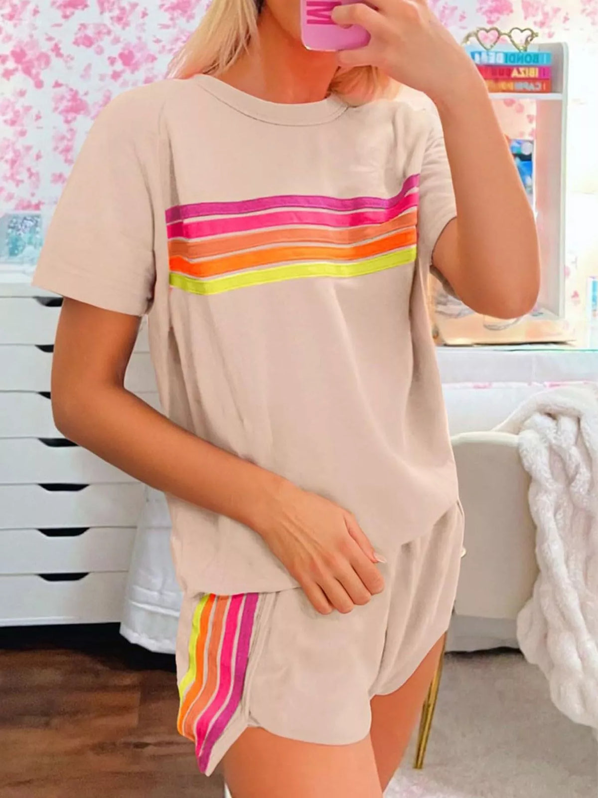 Rainbow Striped Round Neck Top and Shorts Set, view 14