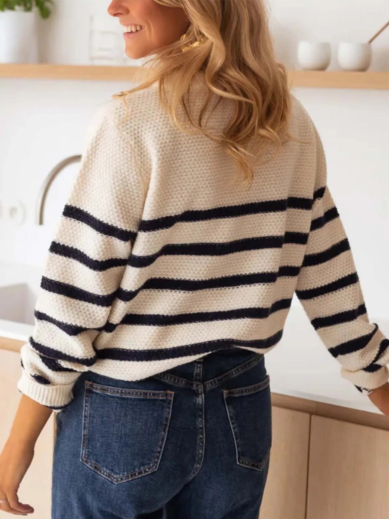 Striped Button-Front Sweater - Fashorio