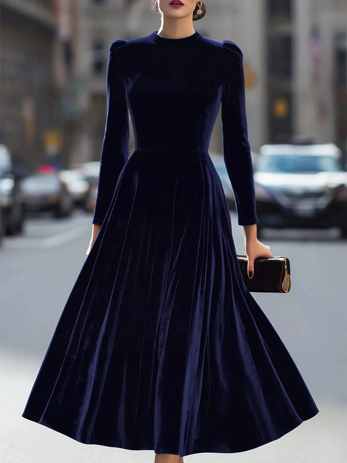 velvet long sleeve A line dress front view