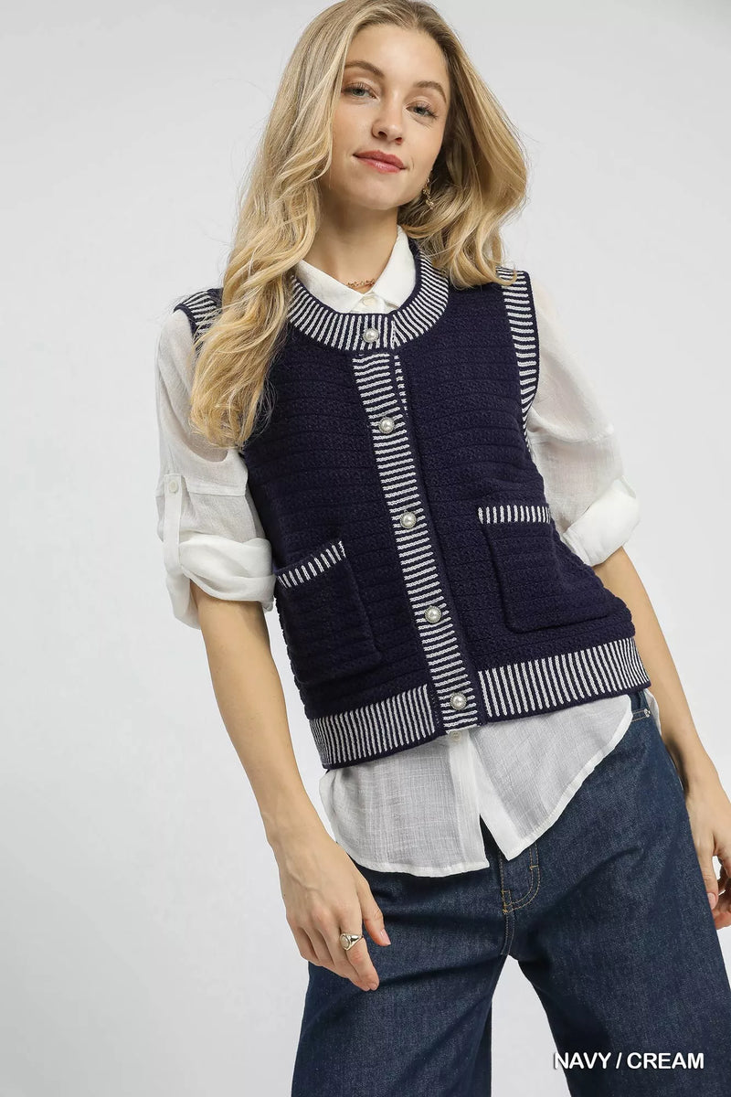 Contrast Stripe Trim Button Down Sweater Vest in Navy and Cream
