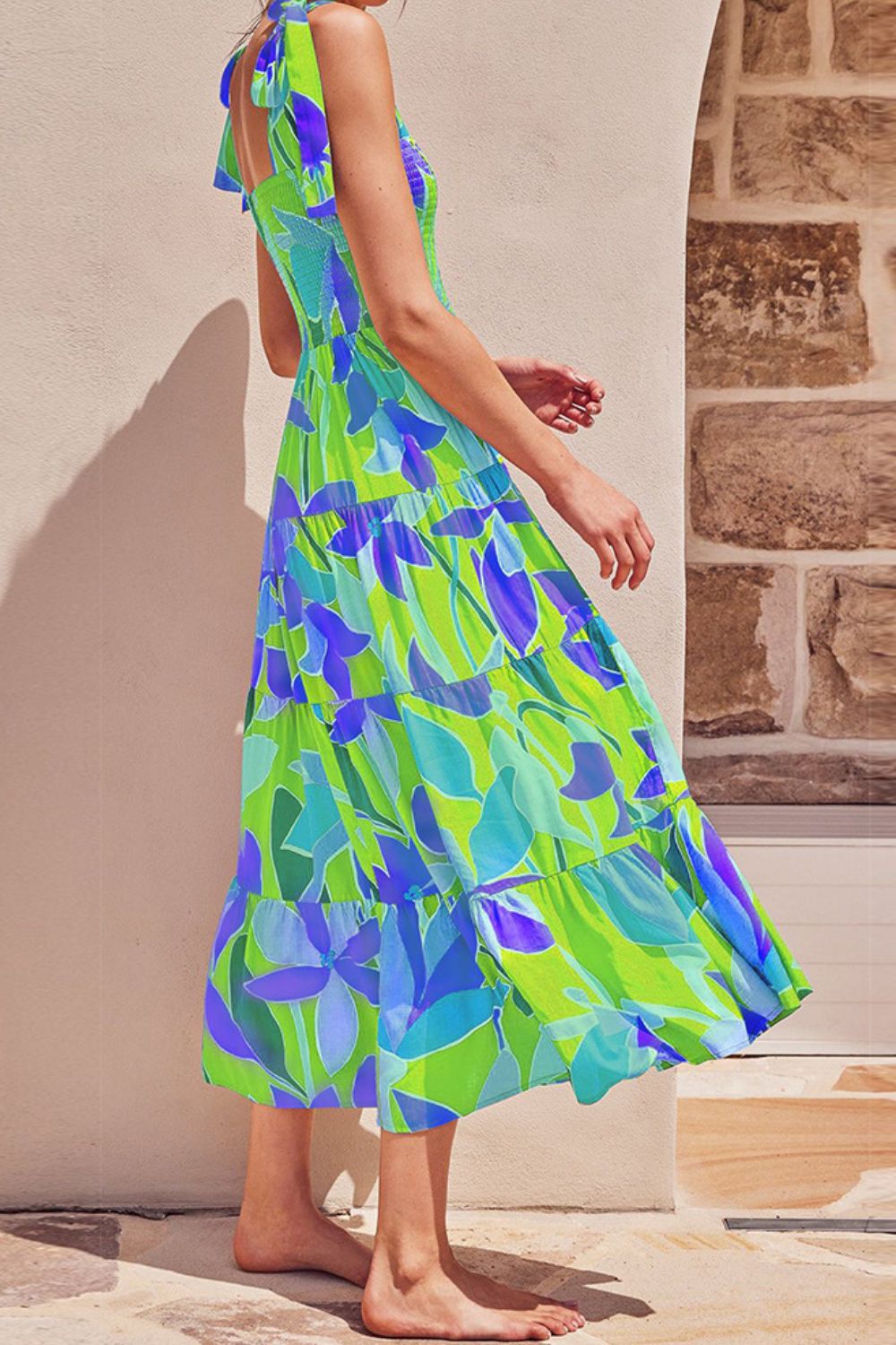 Tie shoulder detail on floral midi dress
