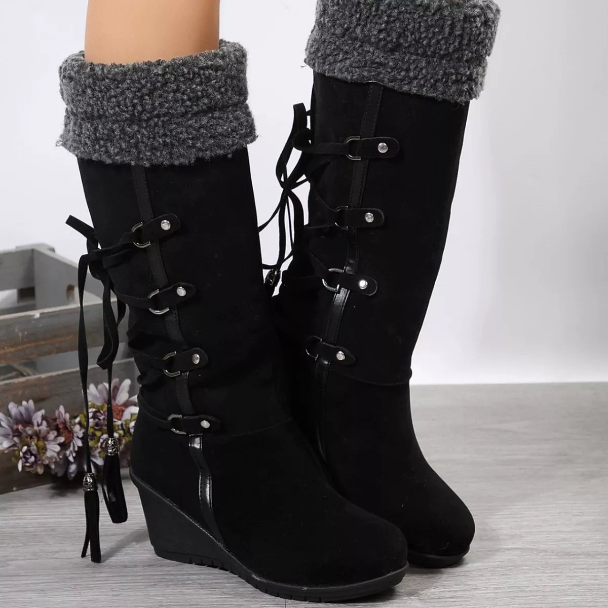 Round toe wedge boots back view