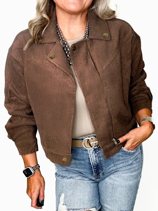 Corduroy Cropped Bomber Jacket Brown - Fashorio